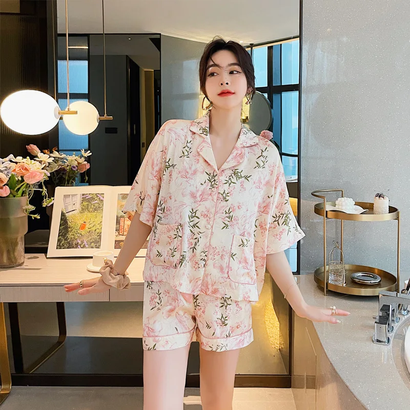 

Satin Pajamas Suit Nightgown Lady Print Flower Sleep Set Sleepwear Nightwear Pink 2PCS Shirt&Shorts Home Wear Bowknot Lingerie