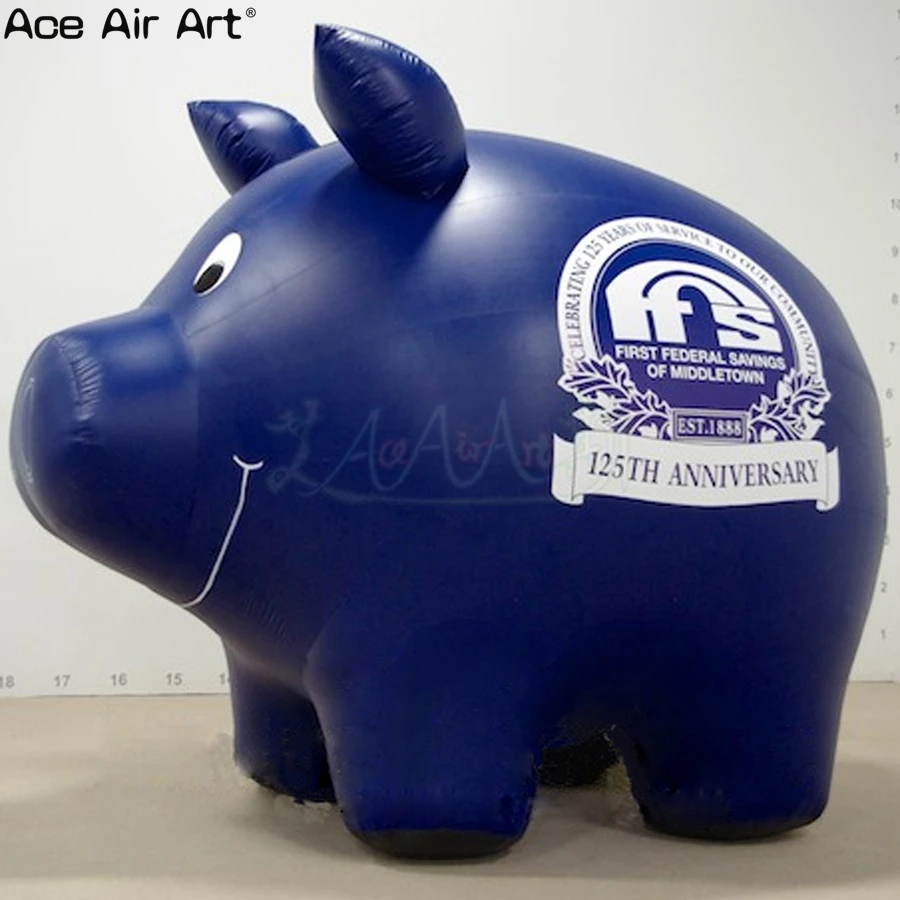 Vigorous 2.5m L Blue Green Inflatable Pig Boar Piggy Bank with Logos for Bank Event or Promotion