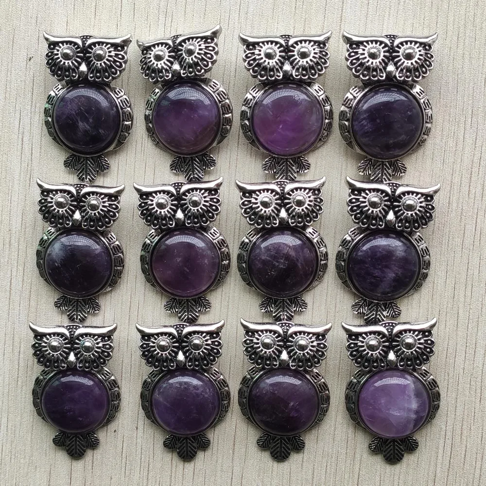 

New fashion natural amethysts stone Vintage alloy owl pendants for jewelry accessories making wholesale 12pcs/lot free shipping