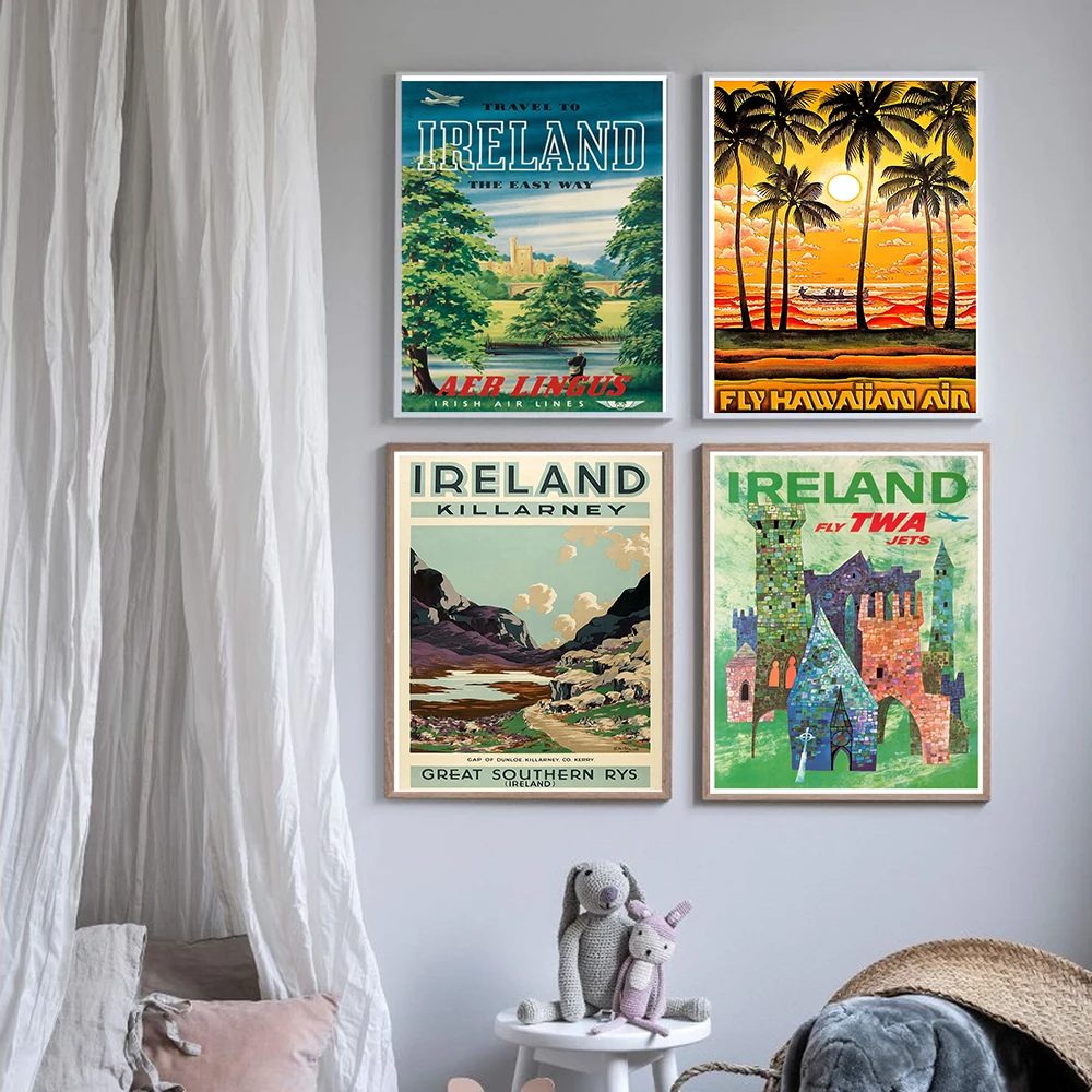 Travel Poster Tropic Hawaii Palm Landscape Painting and Ireland Canvas Painting Wall Art Picture Modern Home Decoration No Frame