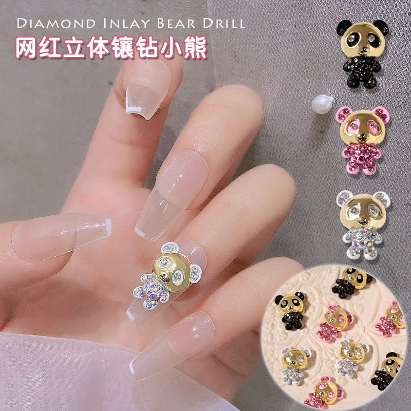 1 PCS new manicure bear net celebrity full diamond cartoon jewelry three-dimensional metal nail diamond stickers accessories