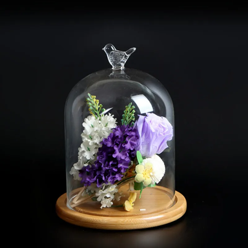 2sets/pack 12*16cm Middle Size Different Top Glass Dome Vase Home Decoration Transparent Cover Bamboo Base Wedding Prop Gift