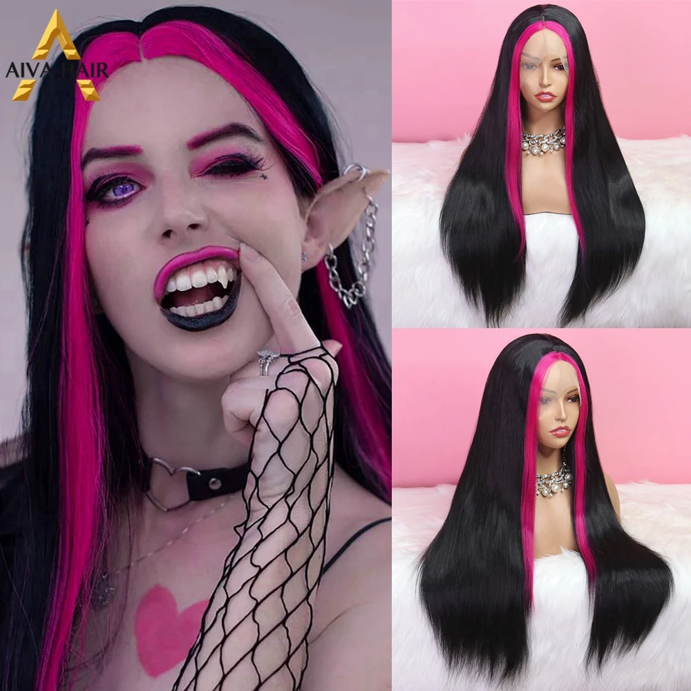 Pink Black Lace Wigs Synthetic Hair Heat Resistant Synthetic Lace Front Wig Aiva Drag Queen Cosplay Wigs For Black Women