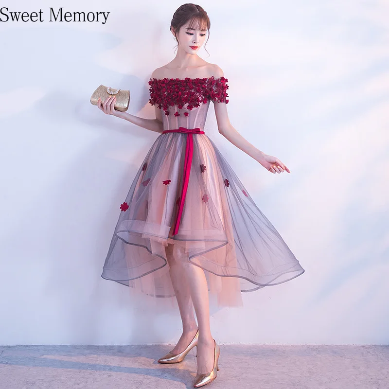

Sweet Memory Appliques Flowers High Low Bridesmaid Dresses Elegant Women Boat Neck Wedding Party Robe De Soiree Princess Gown