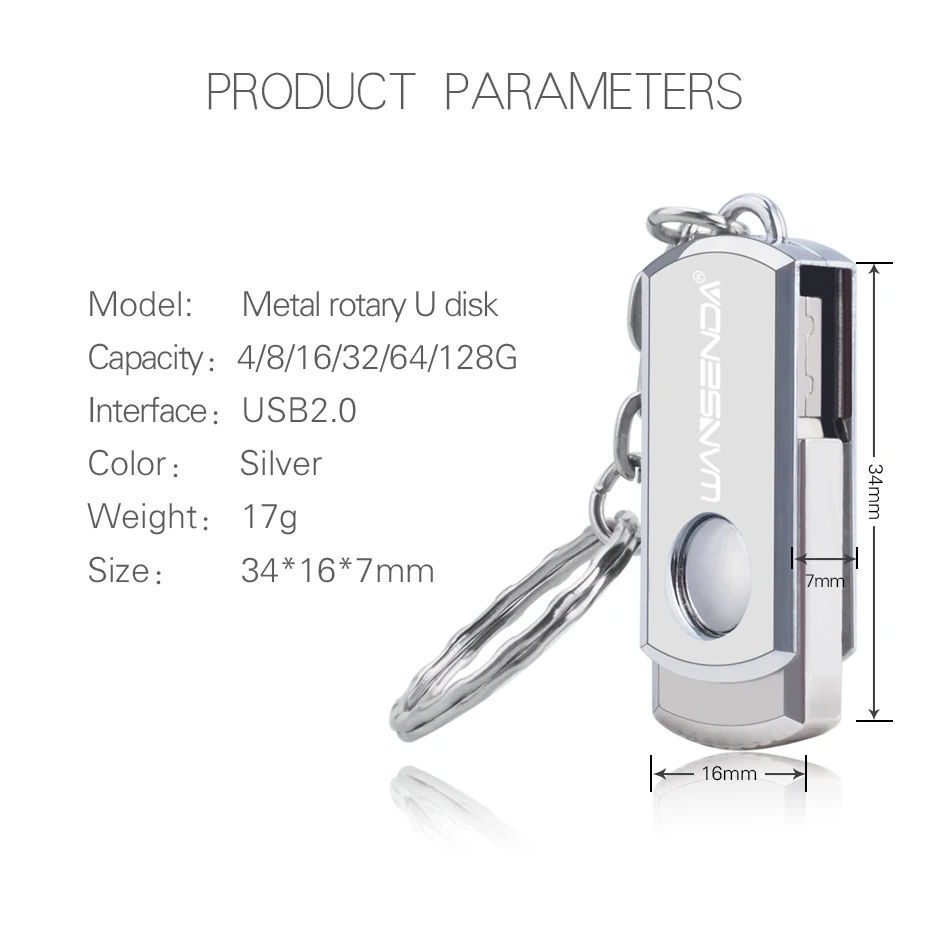 WANSENDA-unidad Flash USB con llavero, Pendrive de Metal con rotación de 128GB, 64GB, 4GB, 8GB, 16GB, 32GB