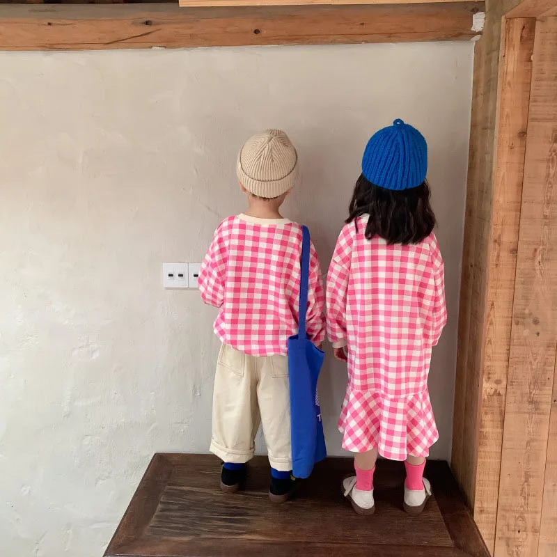 Rosa Plaid Brothes and Sisters ragazzi felpe con cappuccio ragazze vestono vestiti per bambini