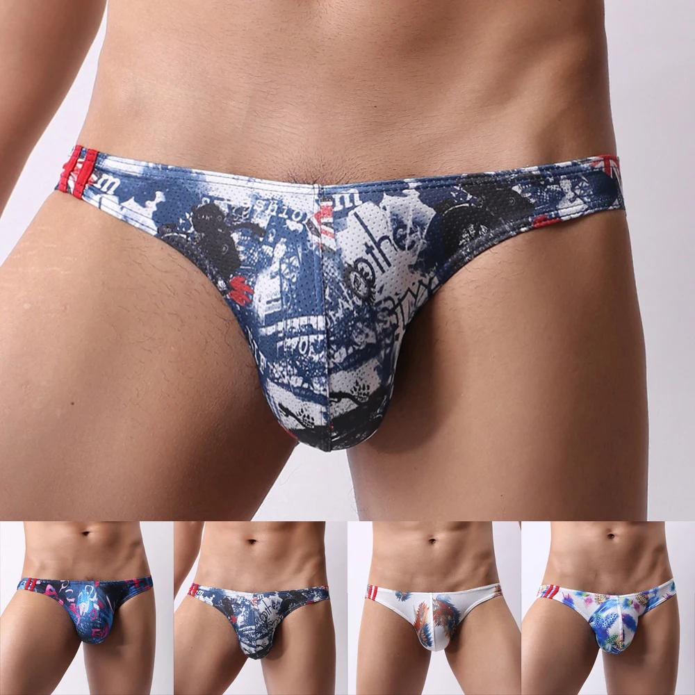 New Sexy Men Underwear Breathable Printed Briefs Low Waist Male Underpants Cuecas Calzoncillos U Bulge Pouch Mesh Bikini Briefs