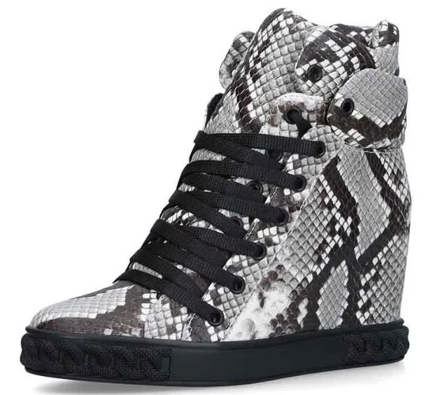 

Wedge High Top Girls Black White Python Round Toe Lace Up Front Hidden Heel Height Increasing 8 cm Ankle Short Boots Woman