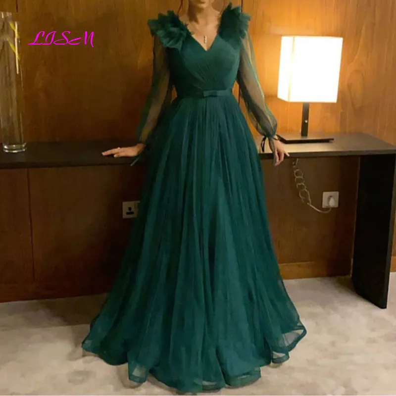 Elegant Green Evening Dress V-Neck Tulle Formal Prom Party Gowns Muslim Arabic Plus Size Long sleeves Mother of Bride Dresses