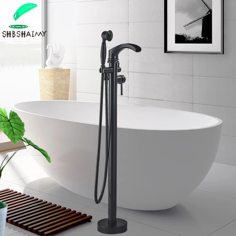 Matte Black Waterfall Tub Filler Freestanding Bathtub Faucet Floor Mounted Brass Single Handle Bathroom Faucets with Hand Shower