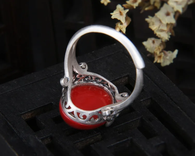 Real S925 sterling silver southern red agate transfer ring female retro simple design opening adjustable