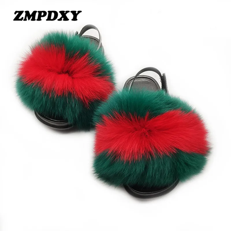 Summer Fashion Kids Real Fox Fur Slides Cute Fluffy Rainbow Fur Sandal Children Fur Flip Flops Baby Girl Toddler Strap Slippers