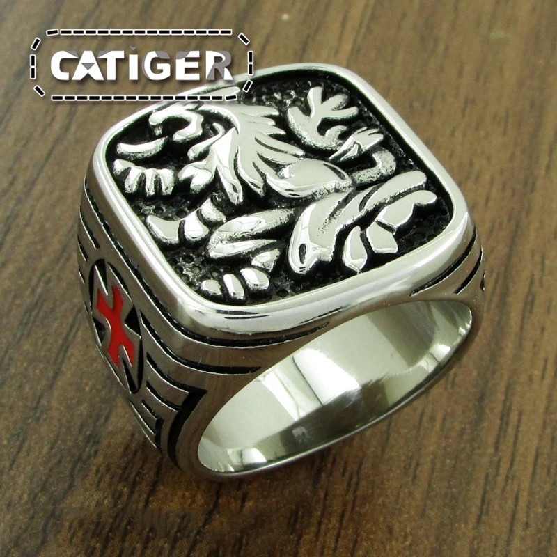 Free Shipping Punk 316L Stainless Steel Phoenix Totem Ring Medieval Signet Mens Red Enamel Knight Templar Crusade Cross Rings