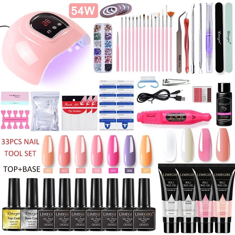 Limegirl Nail Set UV LED Lamp Dryer With Poly UVGel Nail Gel Polish Kit Soak Off Manicure Set electric Nail drill Nail Tools Set