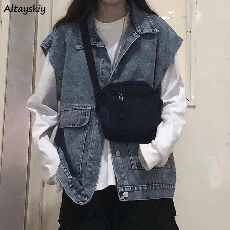 

Vests Women Harajuku BF Unisex College Teens Outwear Basic Autumn All-match Vintage Sleeveless Clothing Street Style Overcoat