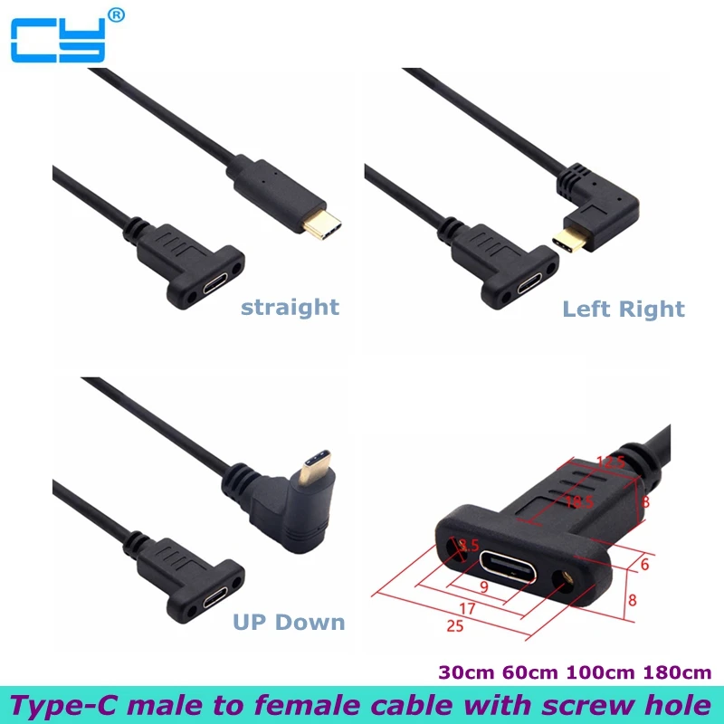 

USB 3.1 Type-C Male to Female Extension Cable 90 Degree Right Angle 16+1 With Panel Mounting Screw Hole 10Gbps for Computer