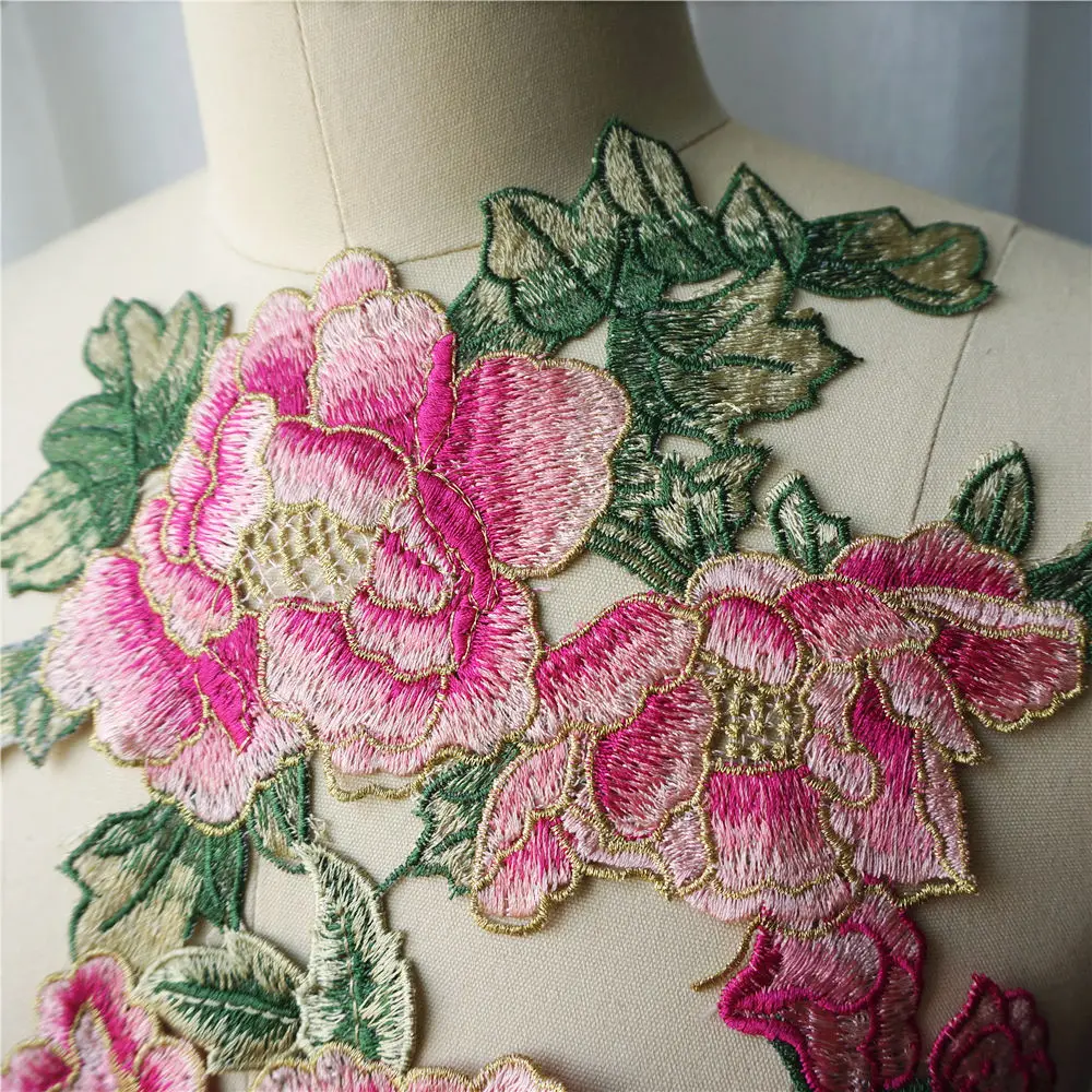 Embroidered Pink Peony Flower Green Leaf Lace Fabric Collar Gown Appliques Sew Patch For Wedding Decoration Dress DIY