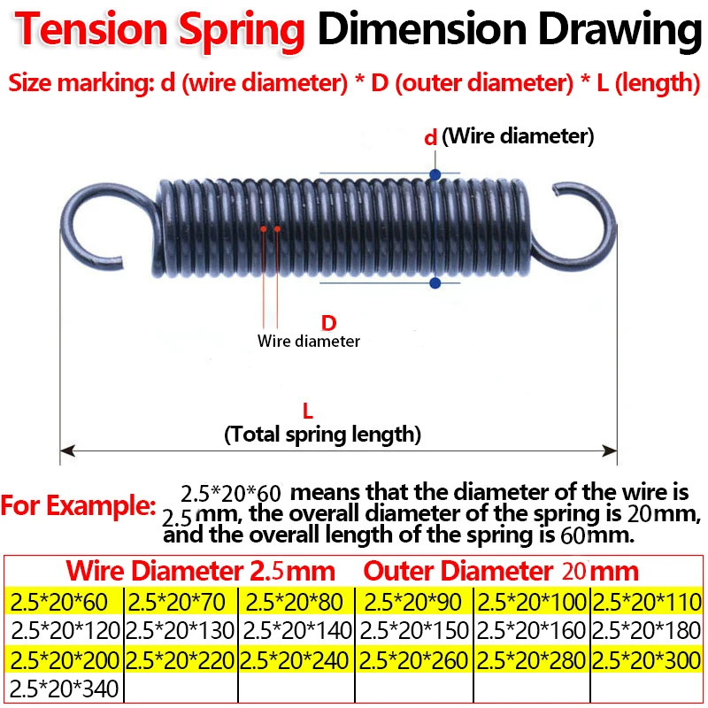 Open Hook Tension Spring Pullback Spring Coil Extension Spring Draught Spring Wire Diameter 2.5mm Outer Diameter 20mm