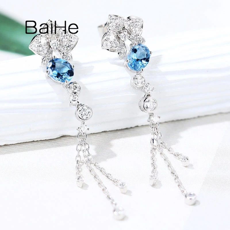 BAIHE Solid 18K White Gold Natural Aquamarine Diamond Long Ear line Stud Earrings Women Fine Jewelry Making Aretes 스터드 귀걸이