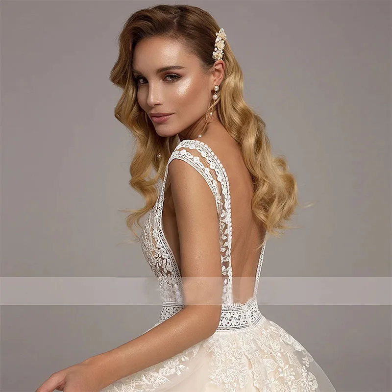 Backles vestidos de novia renda vestido de casamento 2021 a linha com decote em v tule appliqued baratos boho vestidos bidal robe de mariee