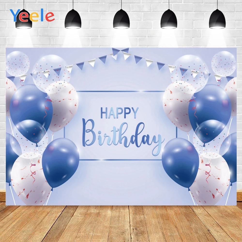 

Yeele White Blue Balloons Happy Birthday Flags Wood Background Photophone Photography Backdrop for Decoration Customized Size