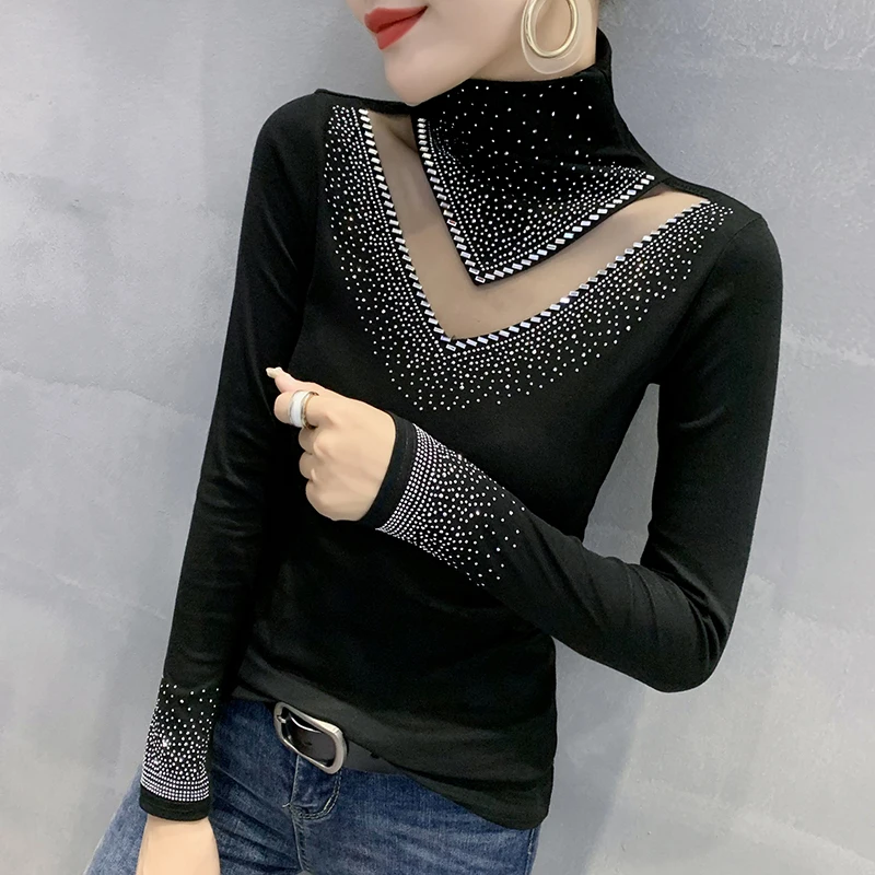 New 2024 Autumn Winter Long Sleeve T-Shirt Fashion Casual Turtleneck Diamond Woman Tee Elegant Slim Women\'s Tops Blusas