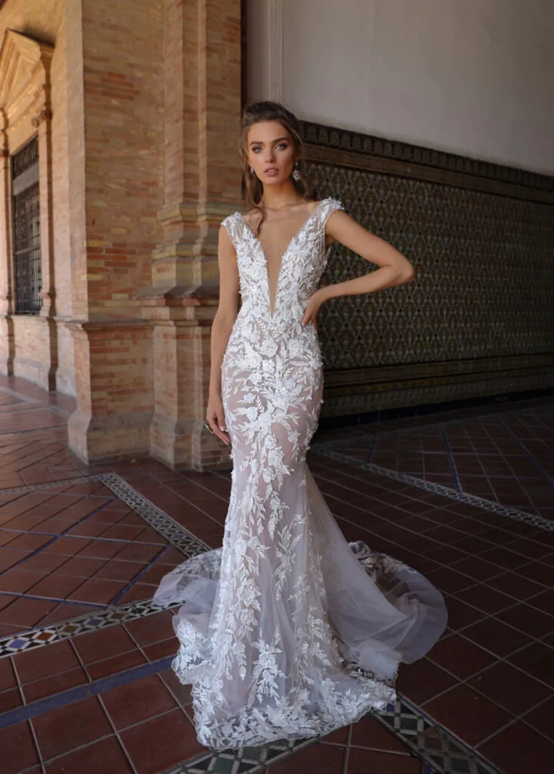 2021 vestidos de casamento de renda sexy decote em v profundo 3d apliques sereia vestidos de noiva feitos sob encomenda sem costas varredura trem vestido de casamento