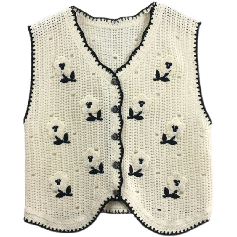 Boho Women Crochet Knit Vest Waistcoat Floral Pattern Sleeveless V-Neck Cardigan M6CD