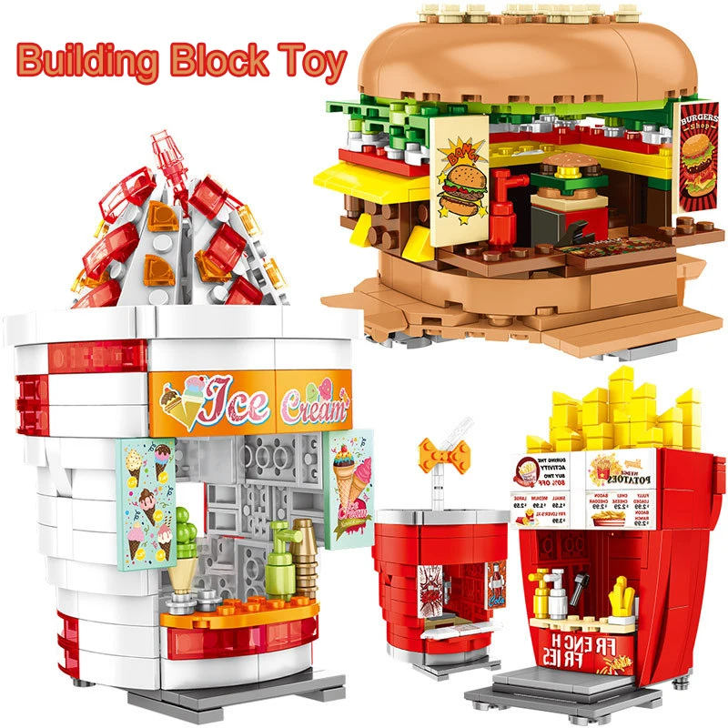 

City Street View Buildings Blocks Friends Hamburgers Ice Cream Shop Truck Food Store House Model Toys For Children Gift