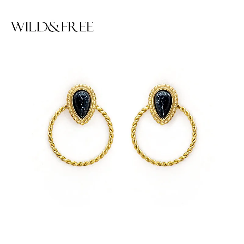 

Gold Plated Boho Jewelry Round Twisted Circle Stud Earrings Black Stone Earring Women Minimalism Stainless Steel Studs Party