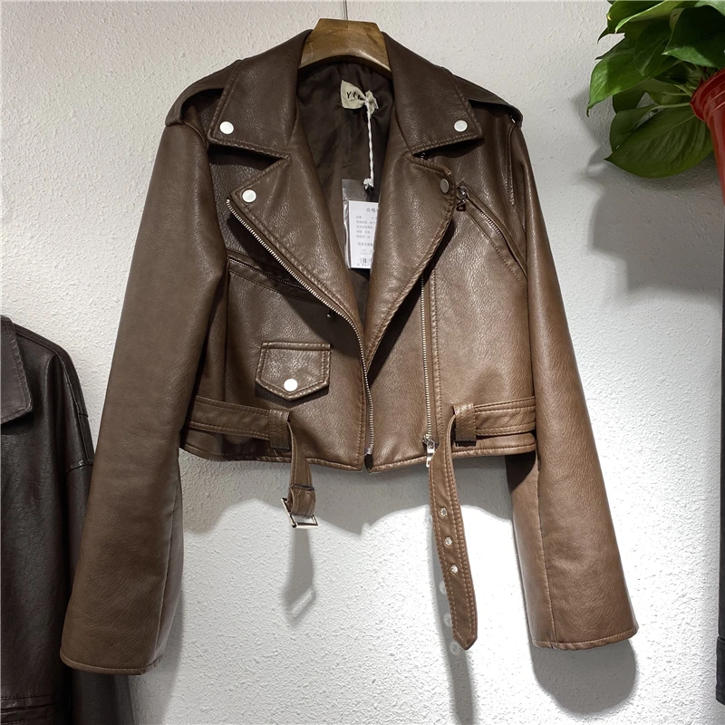 Primavera outono chique oblíquo zíper cintura fina rendas de couro falso feminino jaqueta de motociclista curto casual feminino moto outwear streetwear