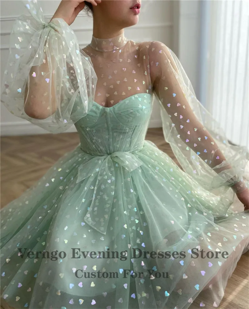 Verngo 2023 New Light Green Tulle Short Prom Dresses Puff Long Sleeves High Neck Ball Gown Homecoming Party Dress With Bow Sash