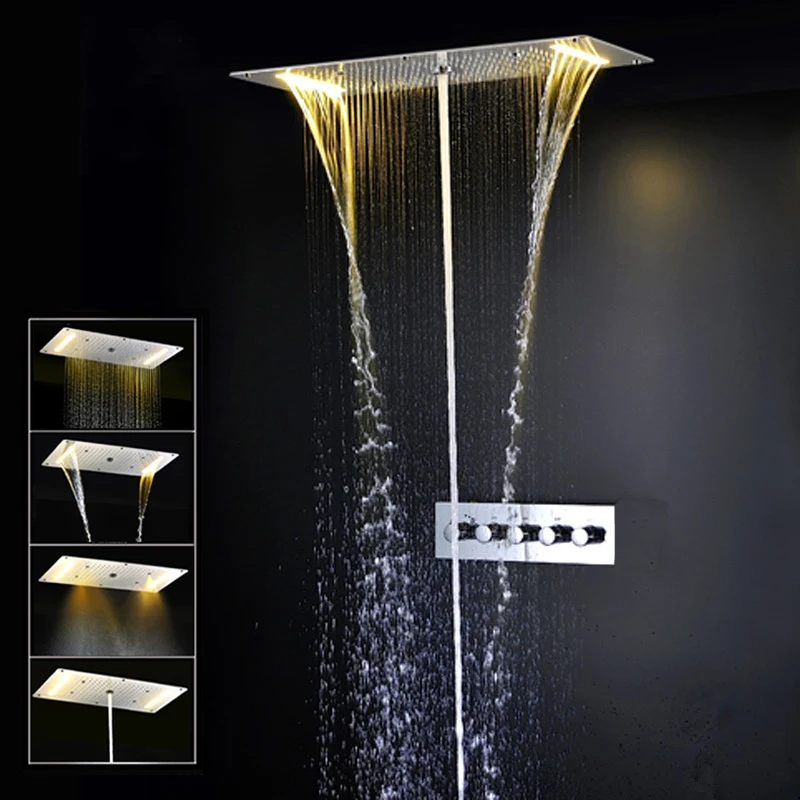 Luxury Bathroom LED Shower Spray Waterfall Rainfall  Shower Head Chrome 380X700MM Ceiling Shower Thermostatic Shower System