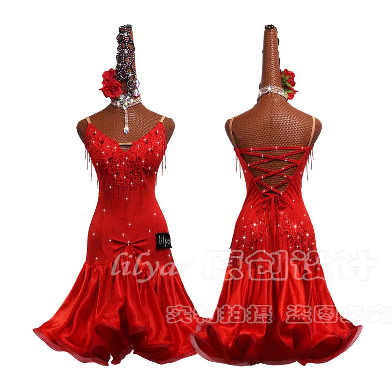 

Latin Dance Skirt Lace Decoration Latin Dance Costumes Beading Skirt Wrap Hip Fishtail Latin Dance Dress Competition Dress Dress