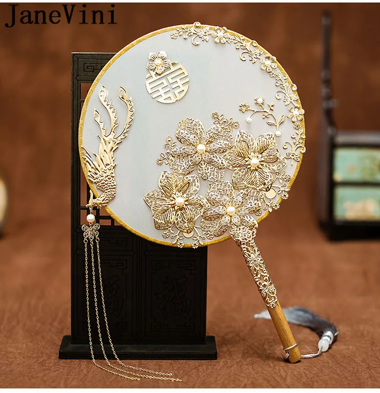 JaneVini Chinese Style Bridal Fan with Golden Tassels Gold Phoenix Pearls Ancient Bride Wedding Bouquet Fan Type Flowers 2021