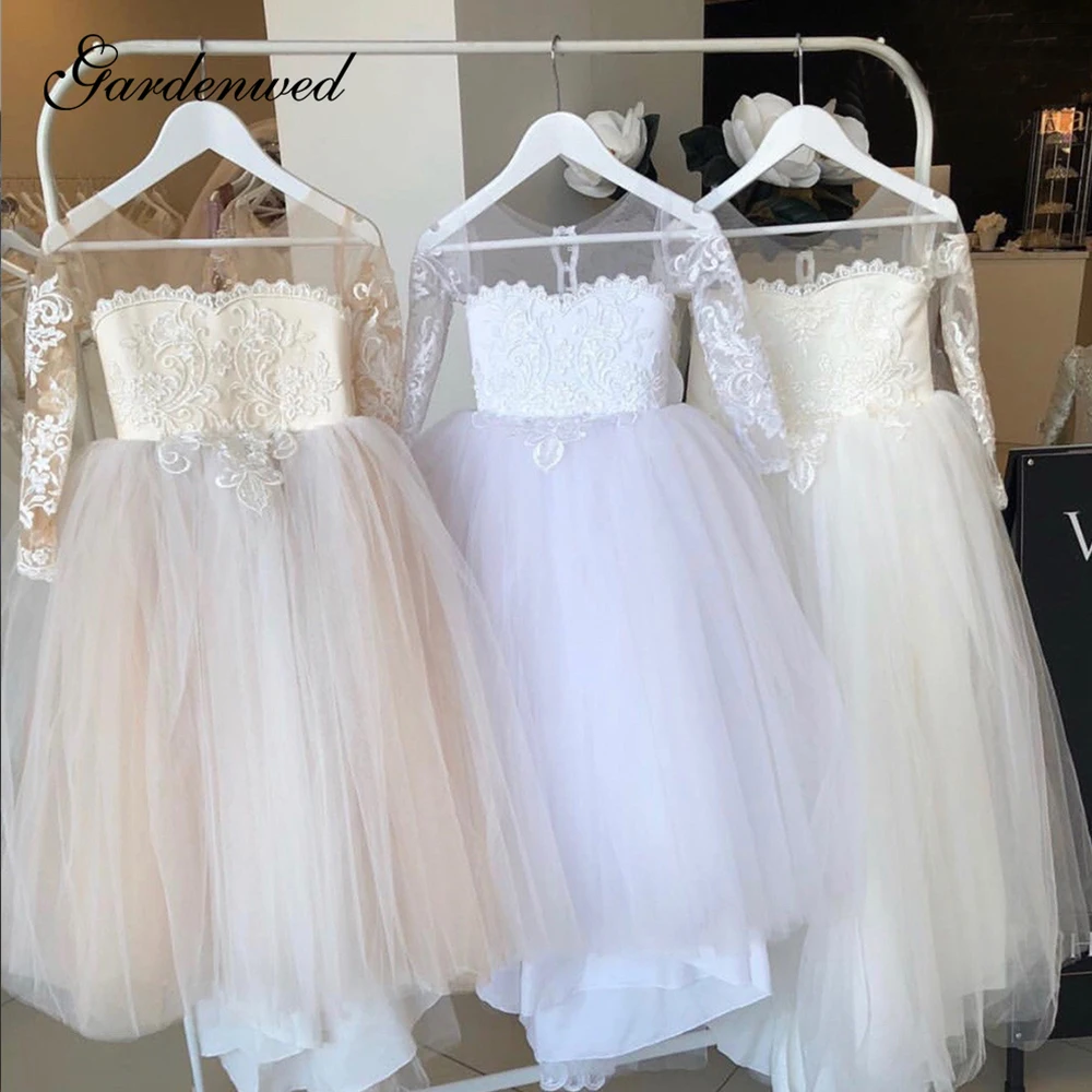 Cocomylody Puffy Tulle Lace Baljurk Bloem Meisje Jurken Lange Mouw Prinses Jurk Illusion Wedding Party Eerste Communie