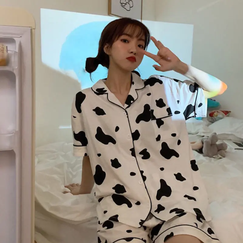 Pajama Sets Women Printed Cow Korean-style Couples Long-sleeve Homewear Clothing Comfortable Students Loose Leisure Fashion Chic