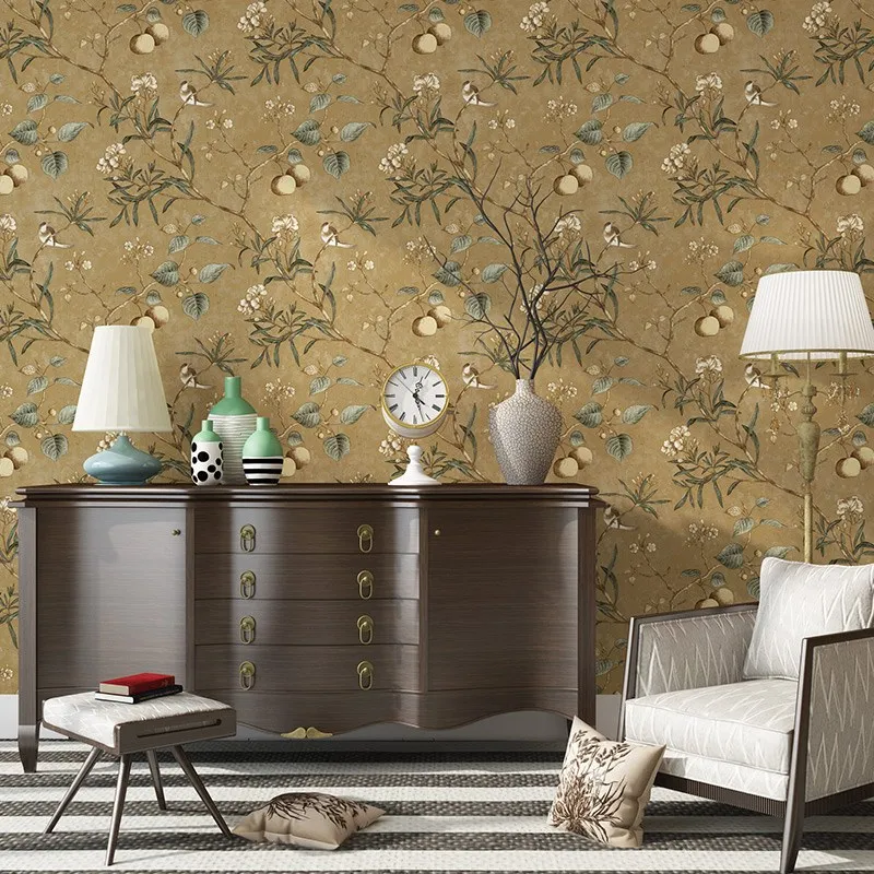 Country Wallpaper, Idyllic Style, Retro Nostalgic, Living Room, Bedroom, Dark Green, Flowers and Birds, TV Background Wall