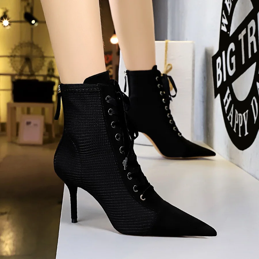 BIGTREE Women Ankle Boots For Pointed toe Boots female shoes fashion Low Heel 8CM Cross-tied Women Boots size 34-40