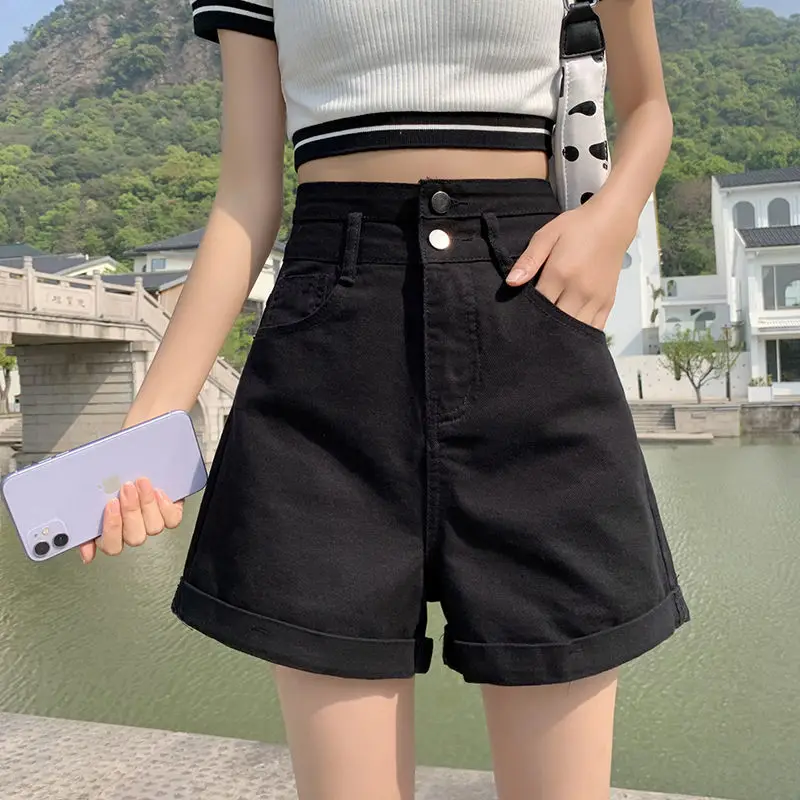 Women Wide Leg Shorts Denim Button-fly High Waist Harajuku BF Loose Korean Style Students Leisure Streetwear Summer Hot Trousers