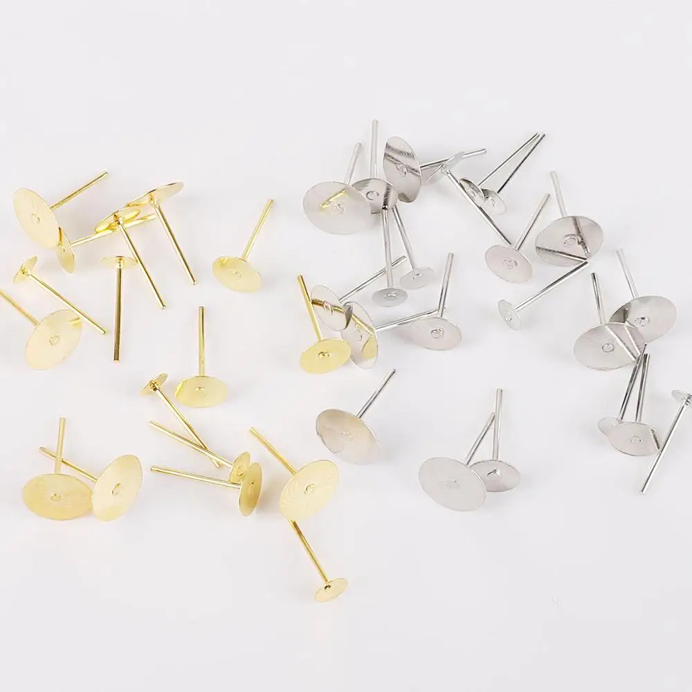 100Pcs Gold/Rhodium Color Iron Stud Earring Spacer Post Back Flat Blank Base Pins Setting for 4 6 8 10mm Cabochon Jewelry Making