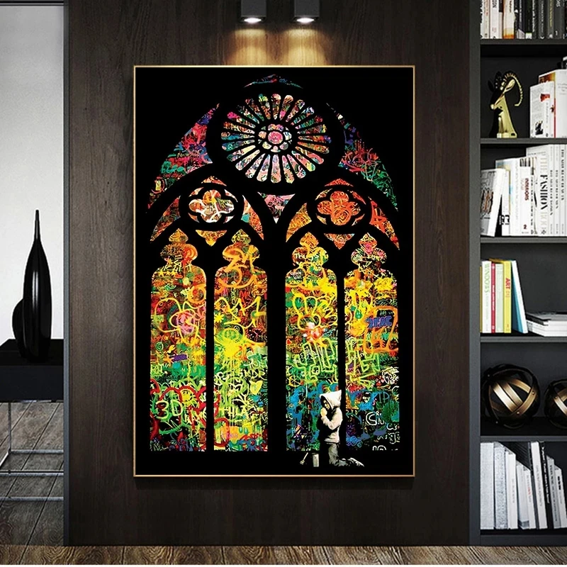 

Banksy Stained Glass Boy Praying Graffiti Art Canvas Paintings On the Wall Art Posters And Prints Street Art Pictures Home Decor