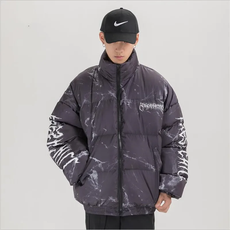 Men Bear Print Down Jacket Couple Winter Oversized Windbreaker Streetwear Black White Thicken Warm Hipster Puffer Jackets Parkas