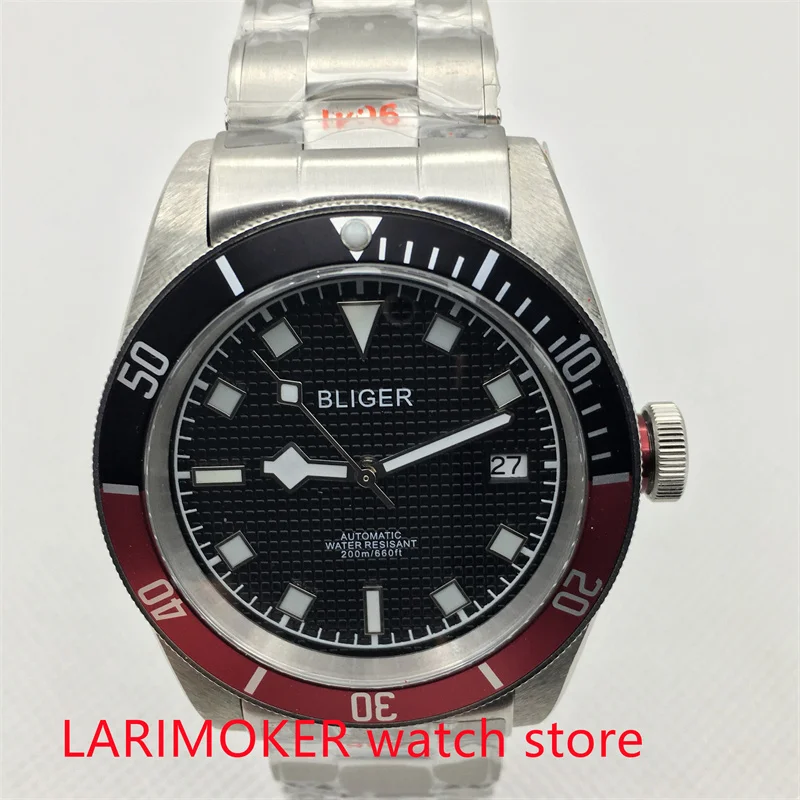 

Bliger 41mm Men's Mechanical Watch Japanese Movement NH35 Sapphire Crystal Glass Surface Stainless Steel Bracelet Black Dial Cer