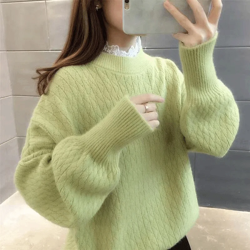 

Autumn Winter Thick Lace Splicing Collar Knitted Sweater Women Jumper Ladies Loose Short Long Sleeve Knit Pullover Tops Female