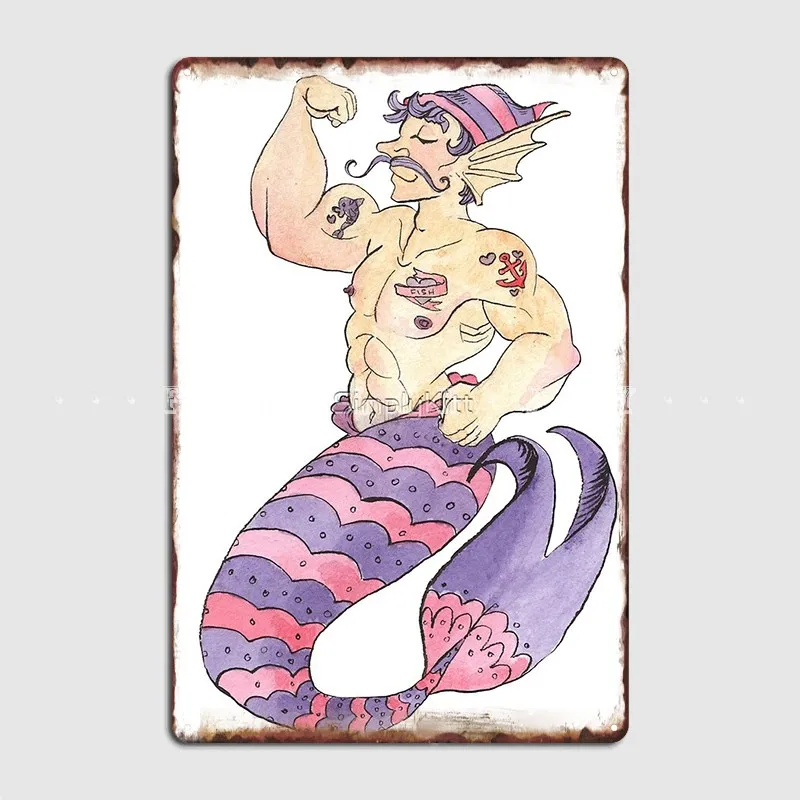 Mermay Sailor Merman With Tattoos Watercolor Poster Metal Plaque Club Bar Retro Mural Painting Tin Sign Poster