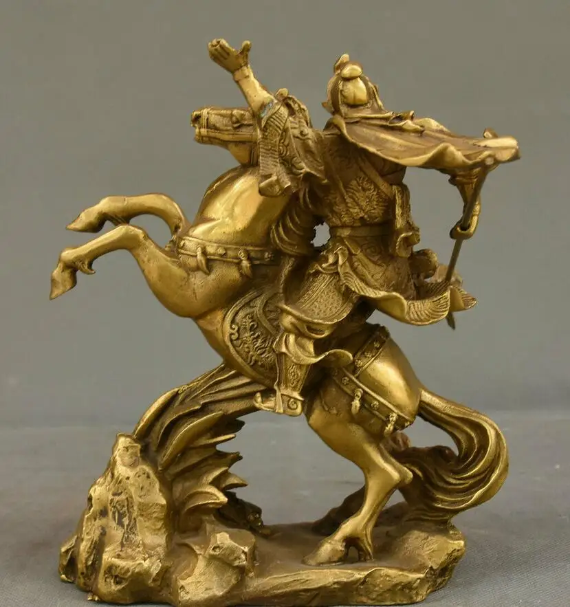 

8" Collect Chinese Brass Dragon Warrior Guan Gong Guan Yu God Ride Horse Statue