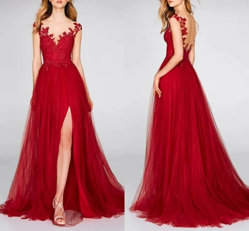 

Red Split Long Formal Evening Dress V Neck Illusion Back Lace Appliques Prom Party Gowns Vestidos Fiesta Robe De Soirée