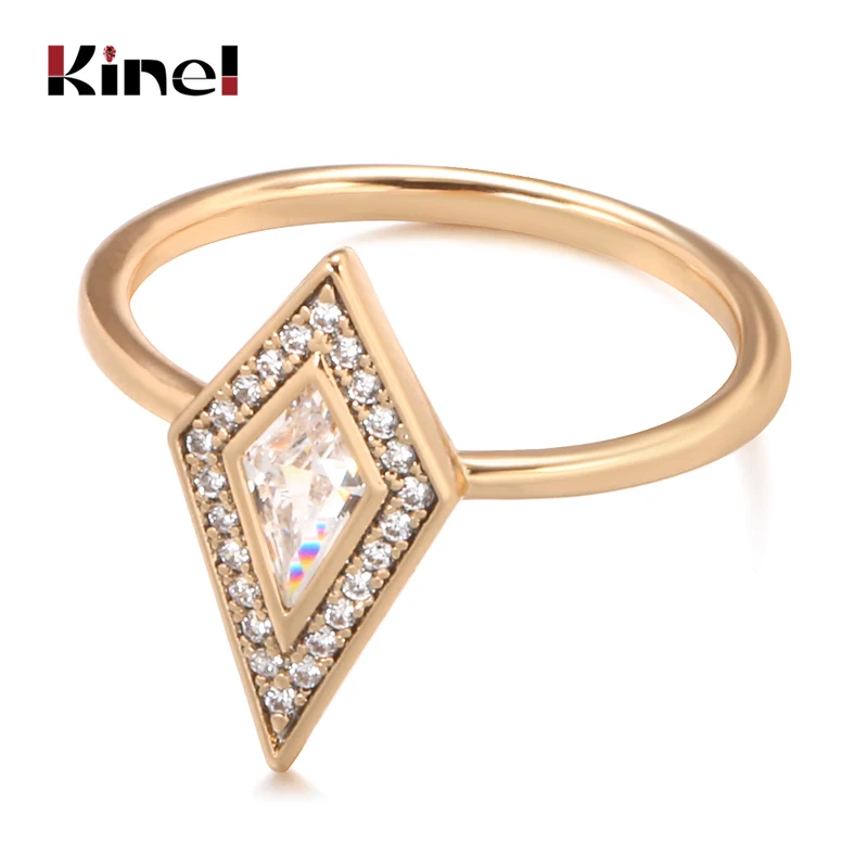 Kinel Fashion Natural Zircon Bride Wedding Ring 585 Rose Gold Rhombus Crystal Rings for Women Fine Jewelry 2010 New