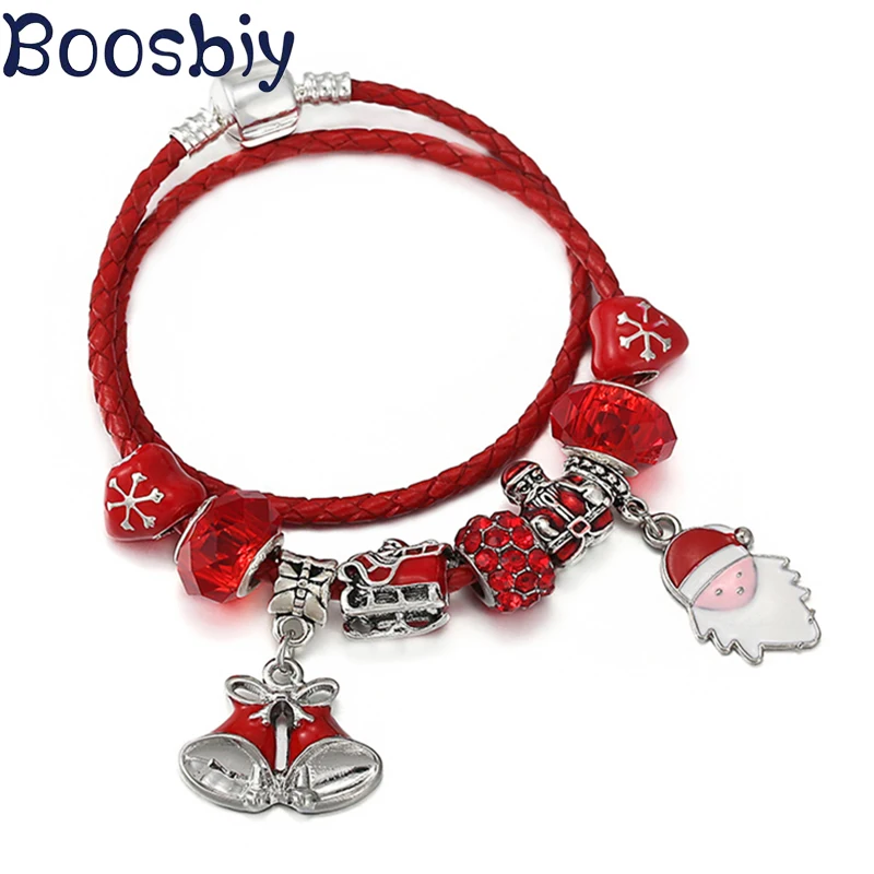 DIY Santa Claus Beads Fit Red leather Cord Charm Bracelet With Bell & Snowman Pendants For Women Kids Christmas Jewelry Gift